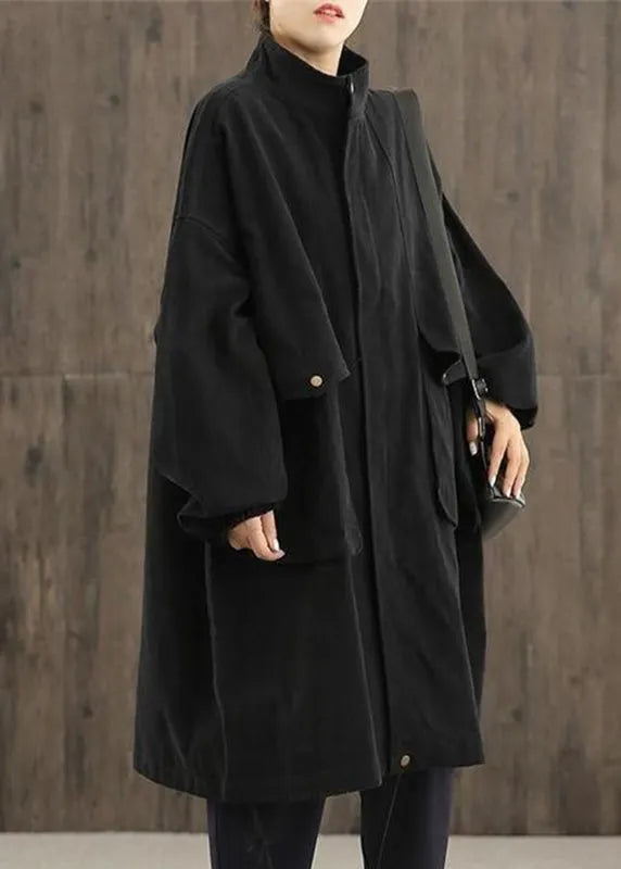 Green Peter Pan Collar Zippered Pockets Trench Coats Cotton Long Sleeve