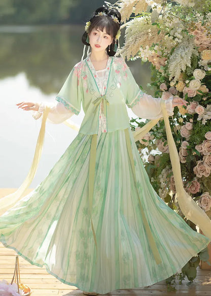 Chinese Style Light Green Embroideried Tops and Pleated Skirt Chiffontwo Pieces Set Fall
