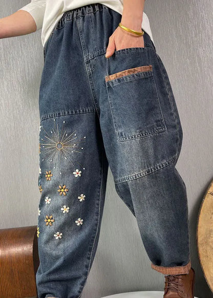 Blue Embroideried Pockets Denim Pants Spring