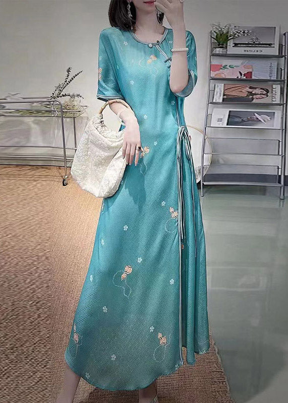 Green O-neck Embroideried Side Open Tie Waist Button Silk Long Dresses Half Sleeve