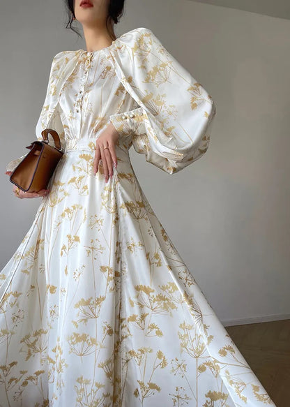 Classy White O-neck Print Silk Top and Skirts Two Pieces Set Fall