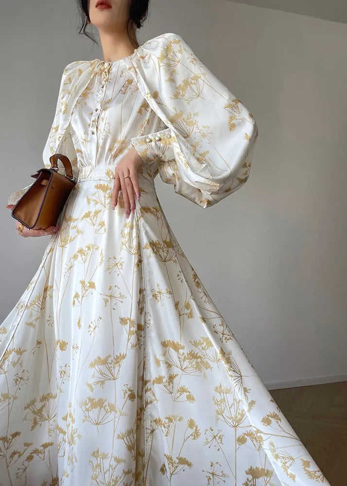Classy White O-neck Print Silk Chiffon Top and Skirts Two Pieces Set Fall