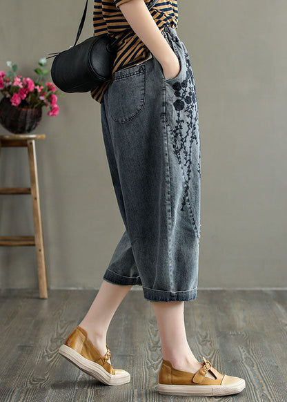 Grey Embroideried Hole Pockets Cotton Denim Crop Pants Summer