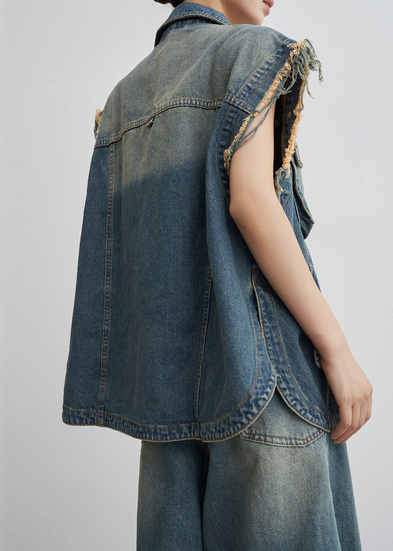 Blue Nail Bead Button Denim Two-piece Set Summer