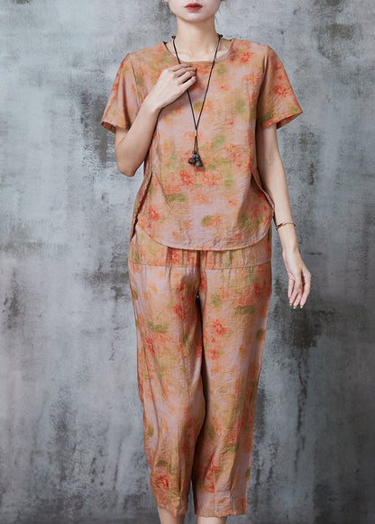 Orange Print Linen Sets 2 Pieces Oversized Summer