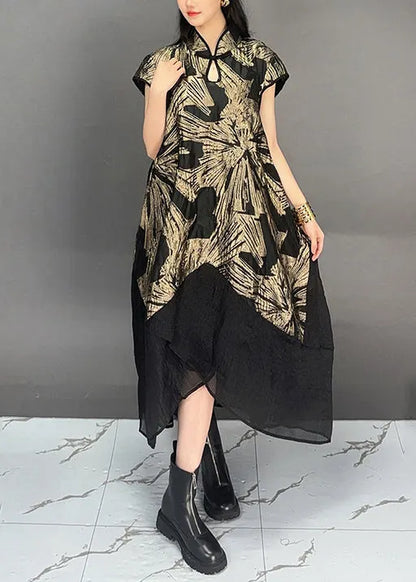 Gold Stand Collar Print Patchwork Cottondresses Summer