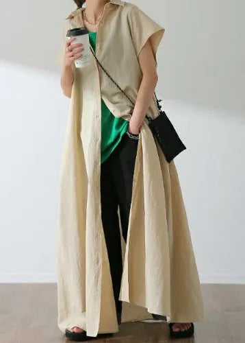 Beige Oversized Cotton Shirt Dress Summer