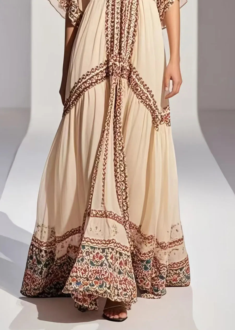 Style Apricot Print Exra Large Hem Chiffon Vacation Dress Summer