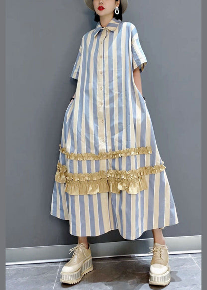 Italian Yellow Ruffled Peter Pan Collar Button Striped Shirt Dresses Short Sleeve