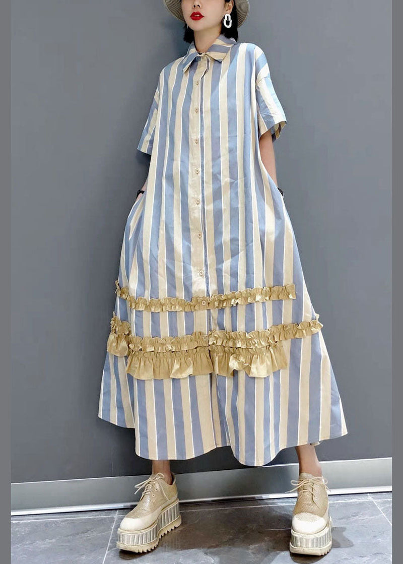Italian Yellow Ruffled Peter Pan Collar Button Striped Shirt Dresses Short Sleeve