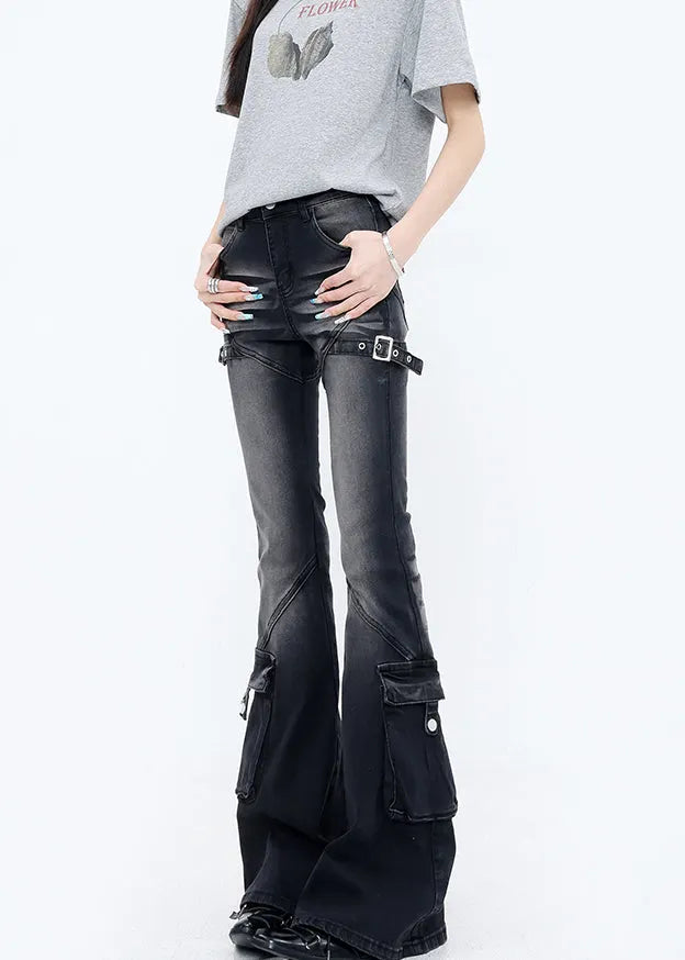 Fine Black Pockets High Waist Patchwork Denim Flared Trousers Fall