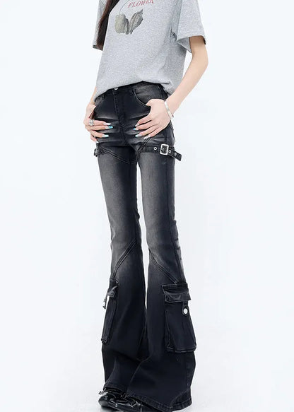 Fine Black Pockets High Waist Patchwork Denim Flared Trousers Fall