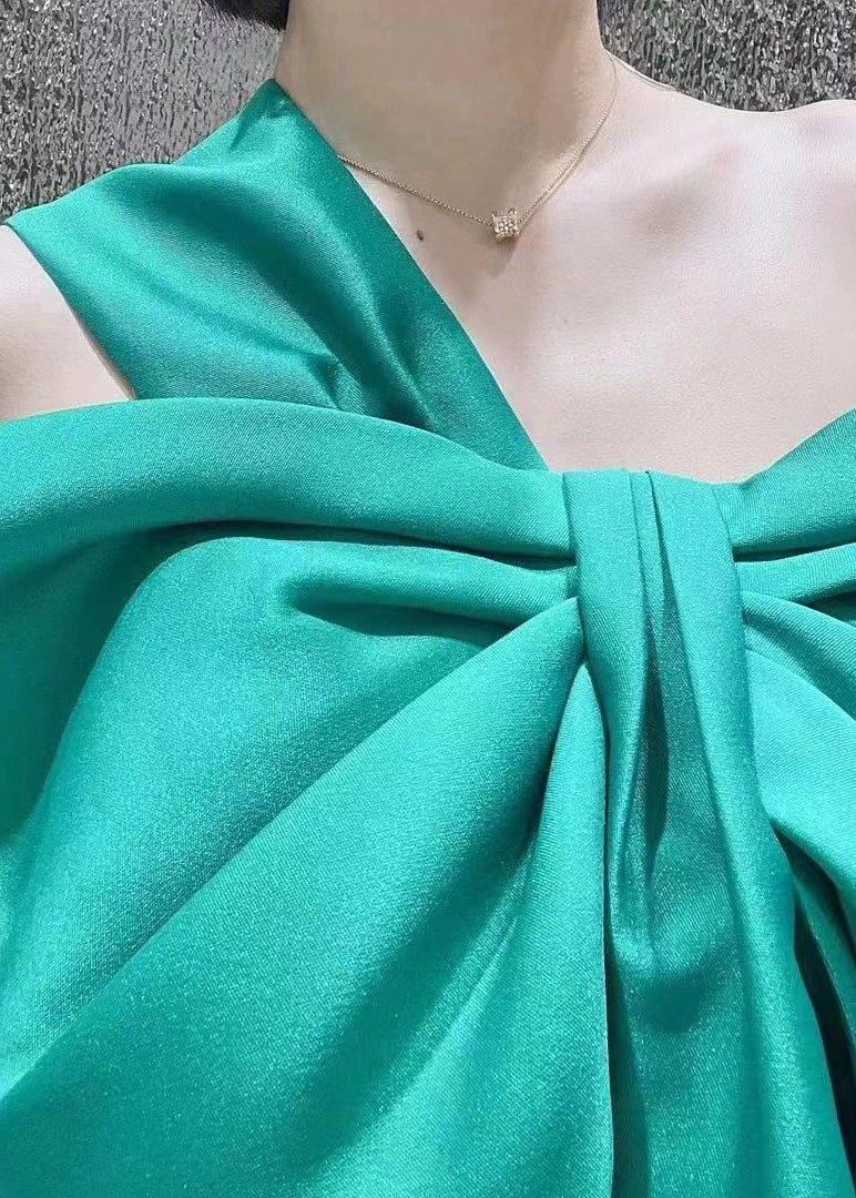 Green One Shoulder Bow Satin Party Dress Summer