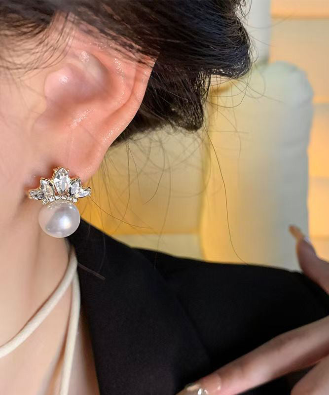 Gold Copper Alloy Zircon Leaf Pearl Stud Earrings