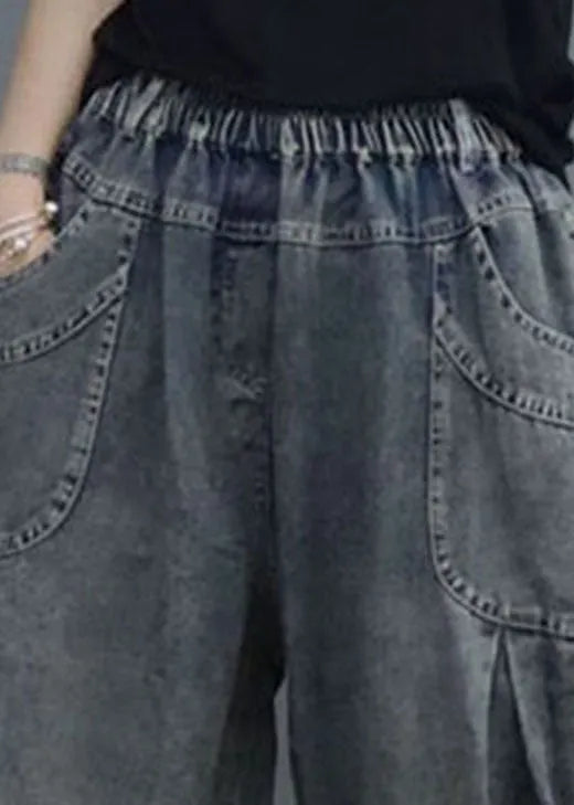 Blue Elastic Waist Pockets Denim Pants Spring