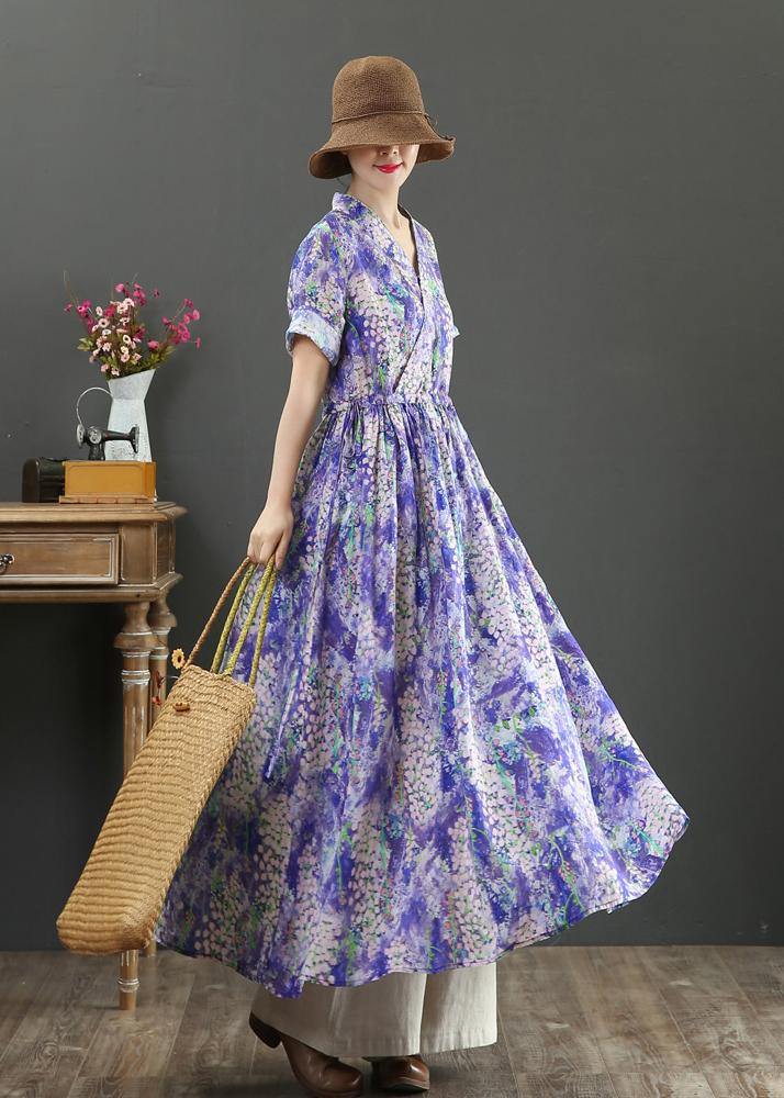 Natural Purple Print Dresses V Neck Drawstring Summer Dresses