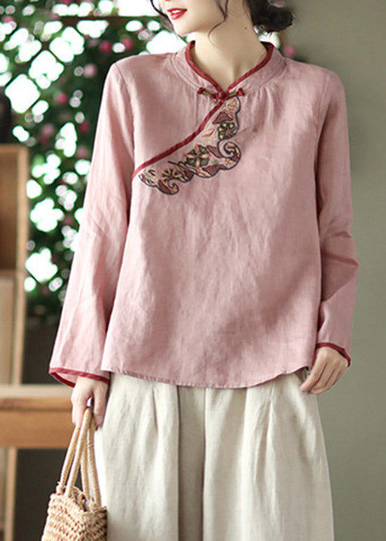 Green Stand Collar Embroideried Button Linen Shirt Long Sleeve