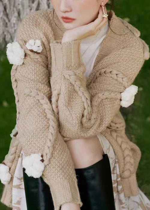 Khaki V Neck Patchwork Cable Knit Cardigan Fall