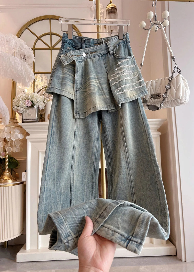 Blue Pockets False Two Pieces Patchwork Denim Pants Fall