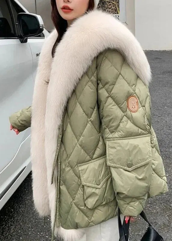 Novelty Green Fox Collar Patchwork Duck Down Puffer Jacket Winter