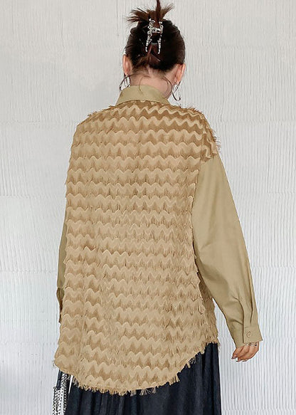 Khaki Peter Pan Collar Patchwork Tassel Cotton Blouses Spring