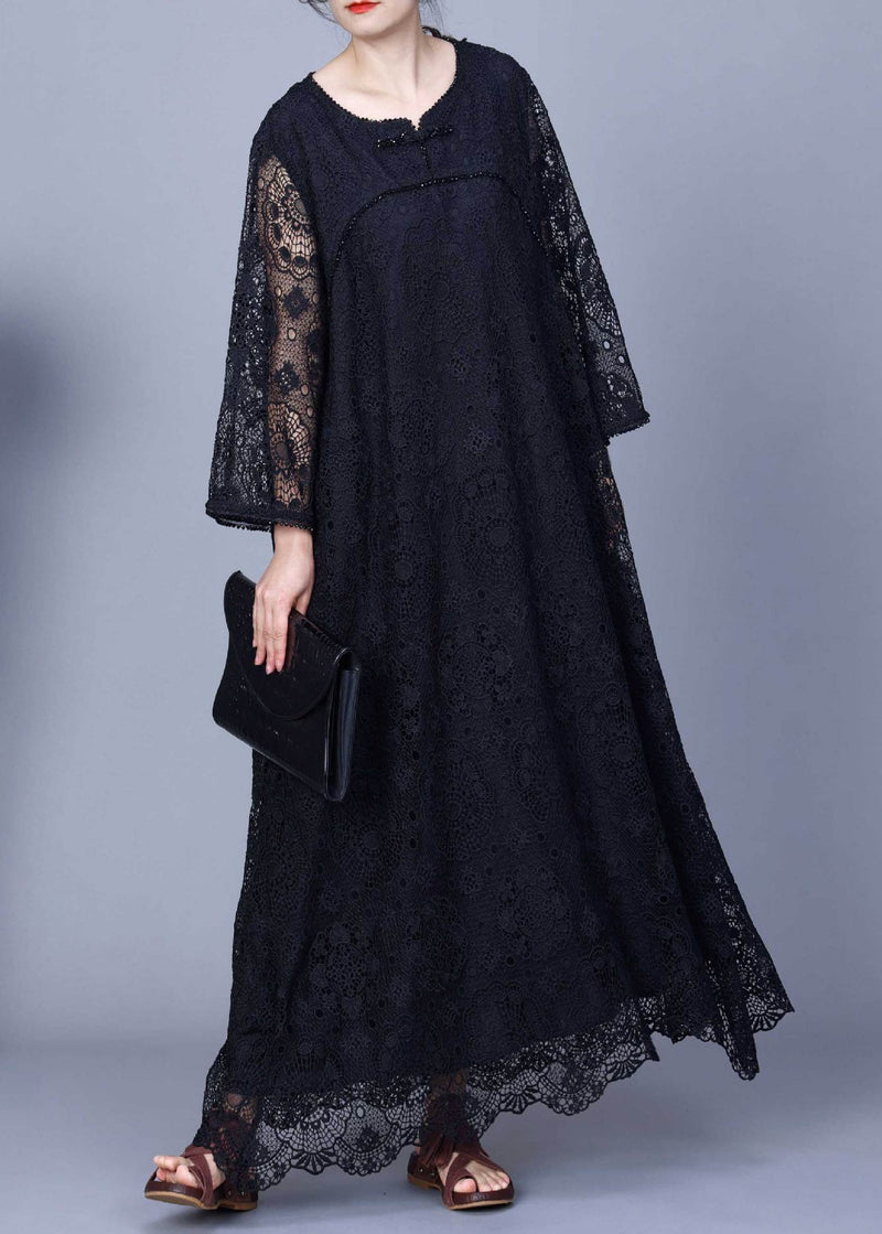 Black Hollow Out Patchwork Lace Long Dresses O-neck Long Sleeve