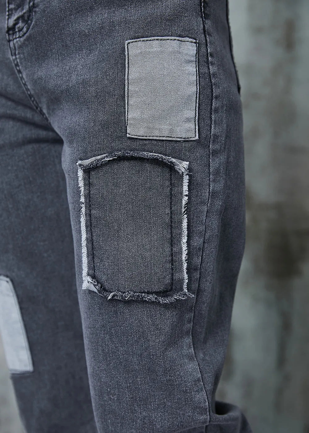 Grey Silm Fit Patchwork Applique Denim Pants Spring