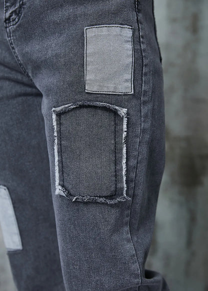 Grey Silm Fit Patchwork Applique Denim Pants Spring