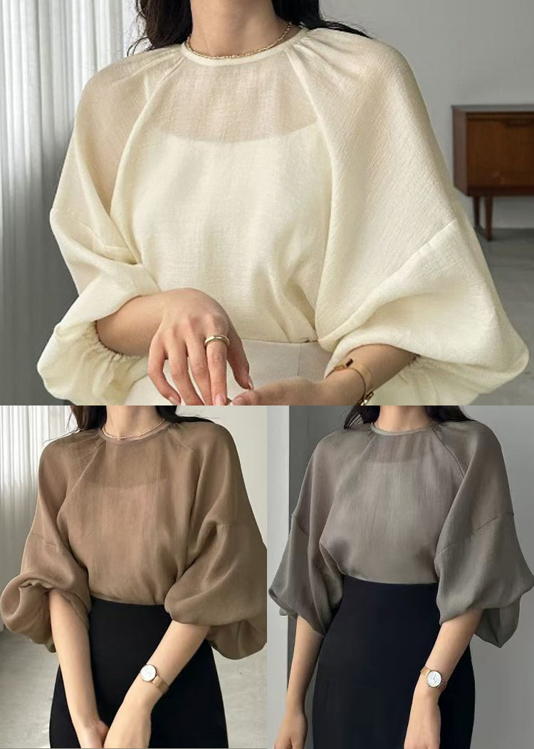 Beige Oversized Chiffon Sheer Top Batwing Sleeve