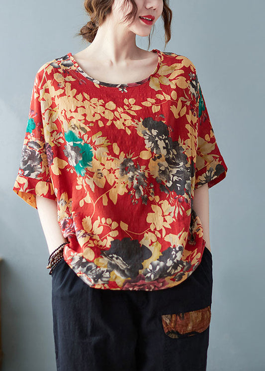 Red O-neck Print Cotton Tank Tops Short Sleeve