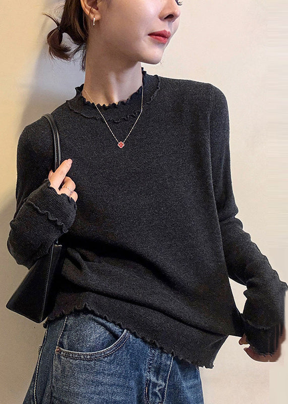 Grey Ruffled Silm Fit Knit Pullover Spring