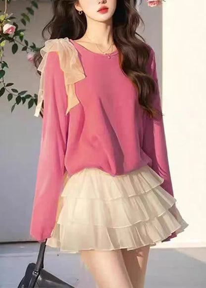 New Orange Bow Tops and White Tulle Skirts Cotton Two Piece Set Fall