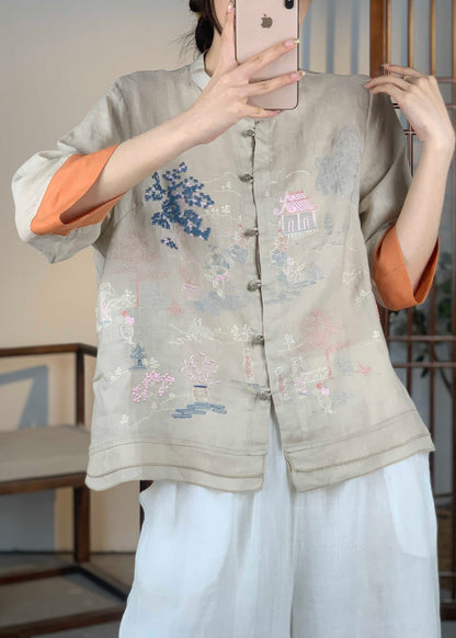 Orange Embroidered Patchwork Linen Shirt Bracelet Sleeve