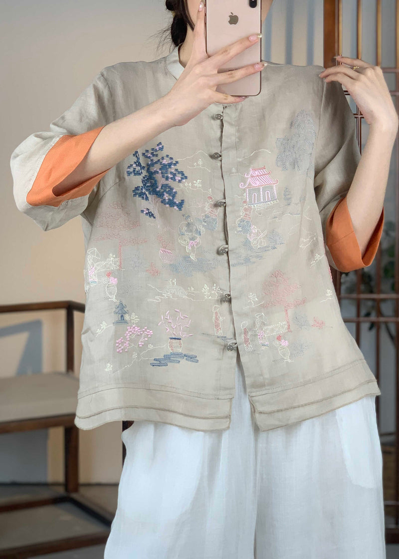 Orange Embroidered Patchwork Linen Shirt Bracelet Sleeve