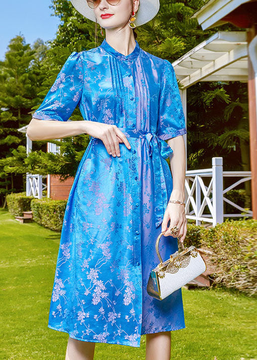 Blue Stand Collar Jacquard Tie Waist Silk Shirt Dress Short Sleeve