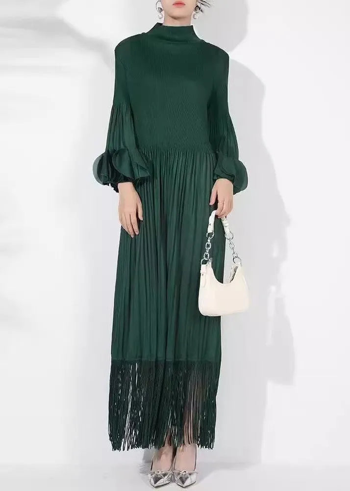 Loose Blackish Green Wrinkled Cotton Long Dress Petal Sleeve