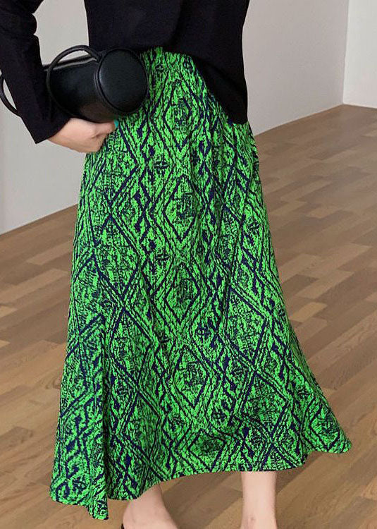 Green Elastic Waist Print Draping Silk Skirt Summer