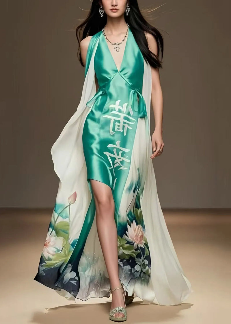 Lake Green Asymmetrical Patchwork Silk Vacation Dresses Summer