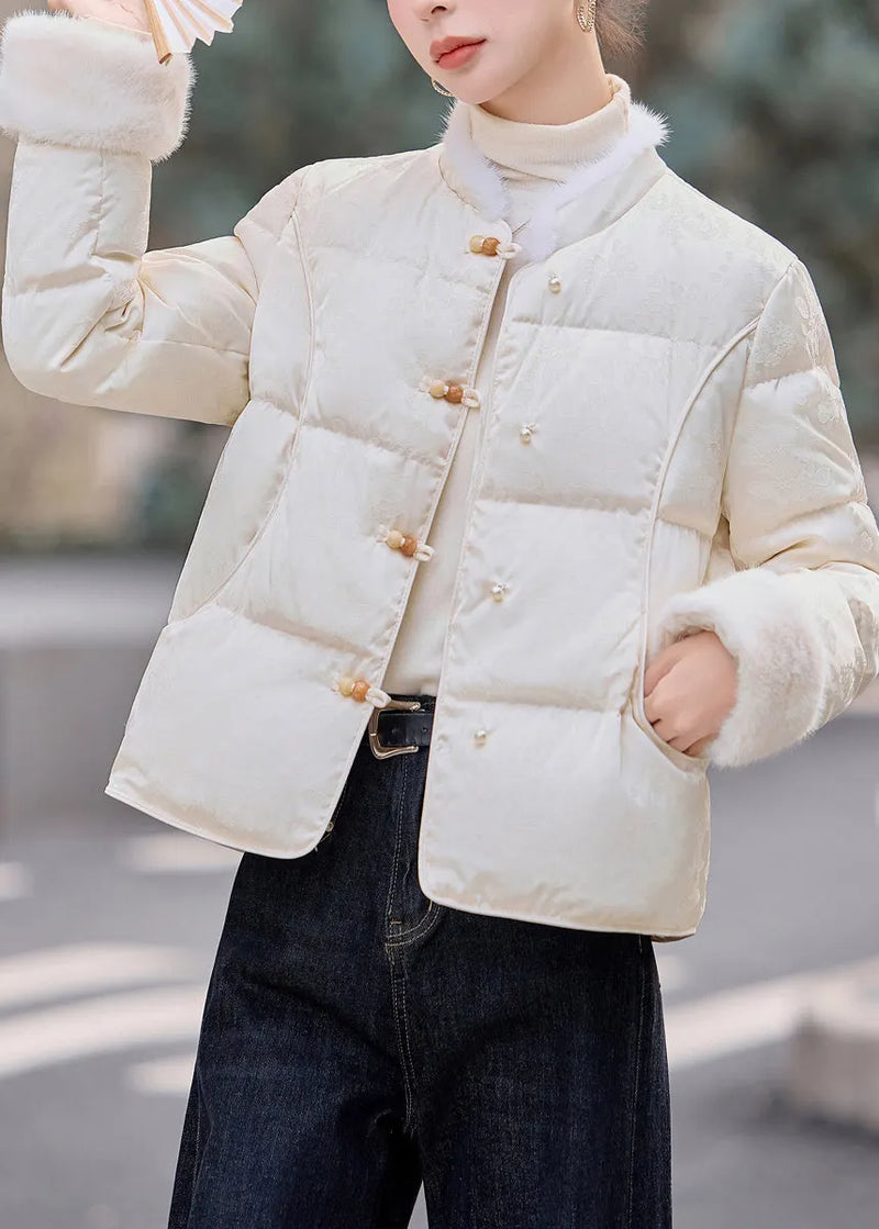 White Chinese Button Patchwork Mink Hair Duck Down Winter Coats
