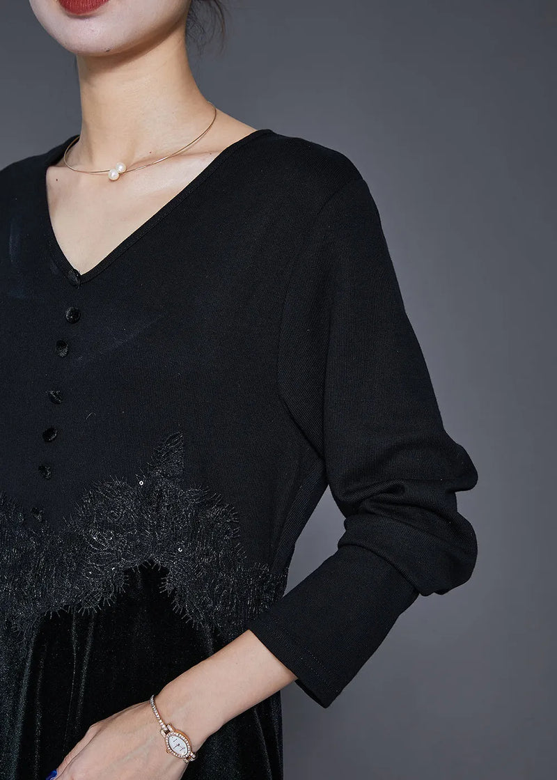 Black V Neck Patchwork Silk Velour Maxi Dresses Fall