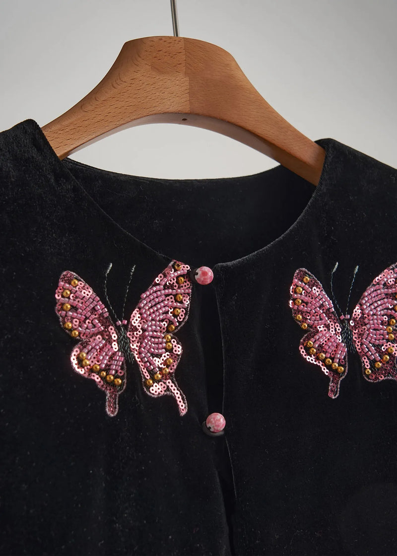 Black Butterfly Patchwork Feather Silk Velvet Two Piece Set Clothing Fall