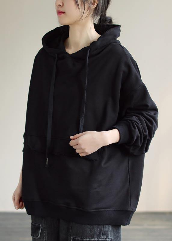 Hooded Cinched Spring Black Blouses