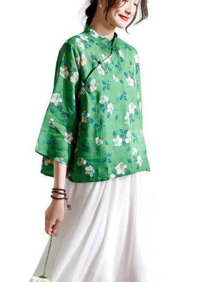 Fitted Green Oriental Print Button Summer Ramie Top