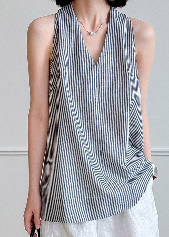 Striped V Neck Sashes Shirt Summer