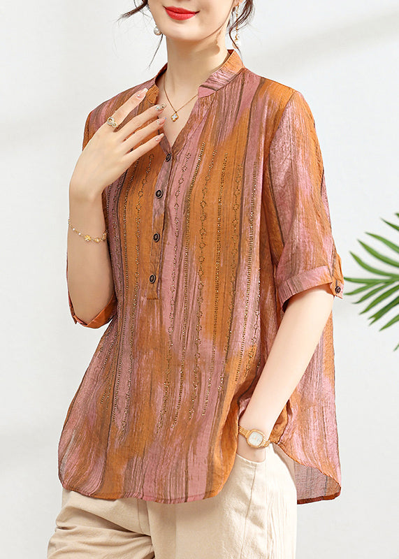 Green V Neck Print Button Cotton Shirt Summer