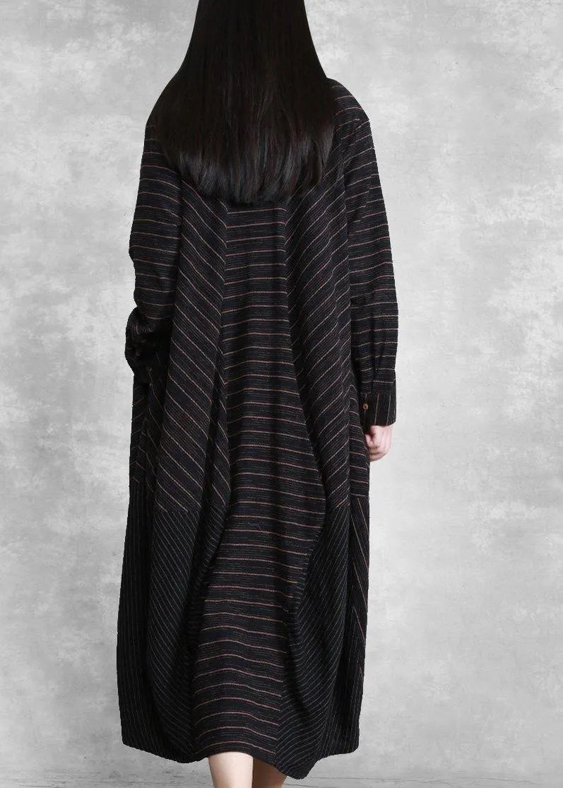 Natural Black Striped Linen Dresses Spring Gown