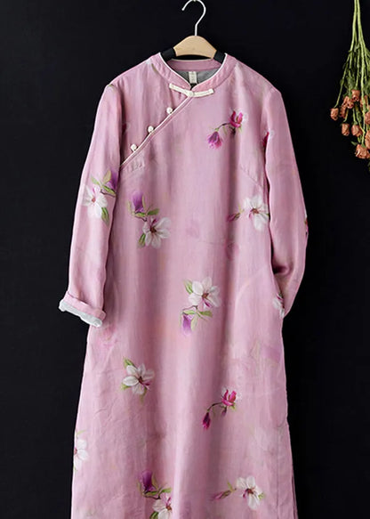 Pink Stand Collar Print Side Open Warm Fleece Dress Spring