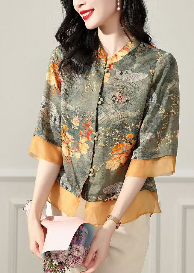 Green Stand Collar Print Silk Tops Bracelet Sleeve