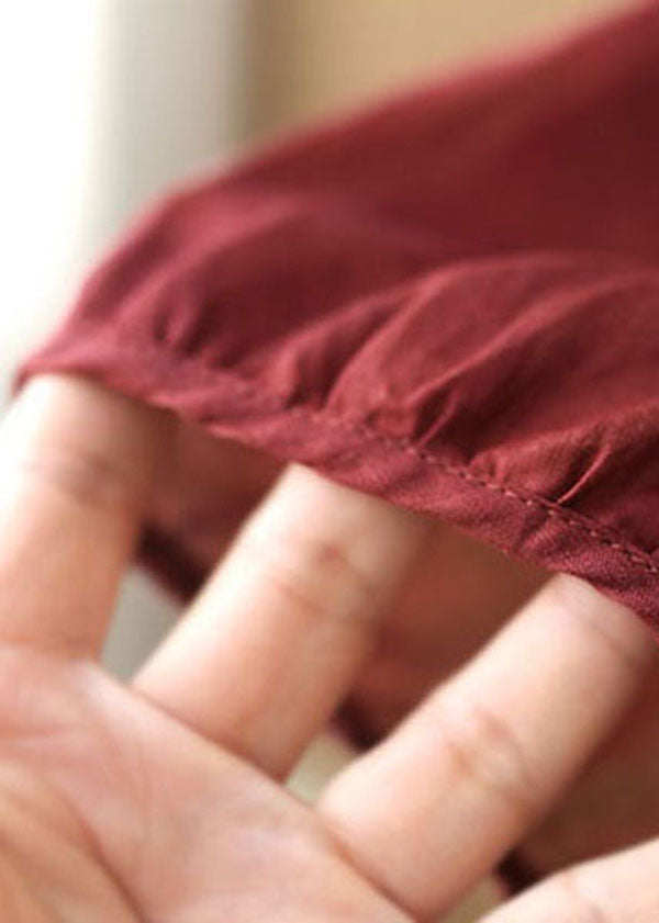 Red V Neck Wrinkled Low High Design Linen Shirts Short Sleeve