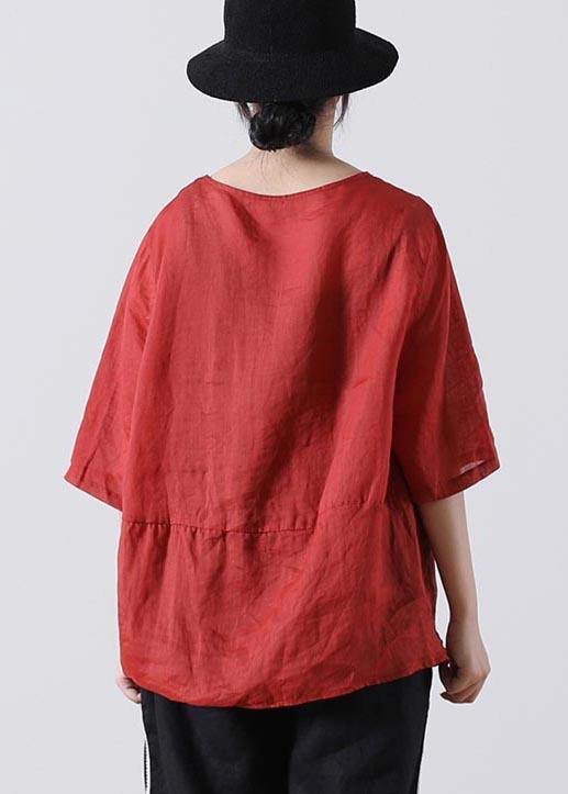 Red Cinched Cotton Linen Summer Blouse Top